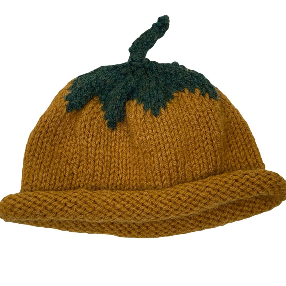 Handmade Pumpkin Beanie Hat Unisex Kids Yellow Green Knit Stem Halloween‎ Fall